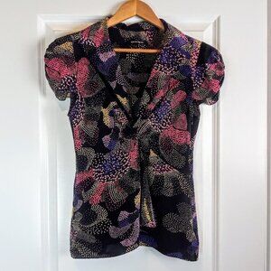 Nanette Lepore Black Multicolor Knotted Cap Sleeve Silk Top